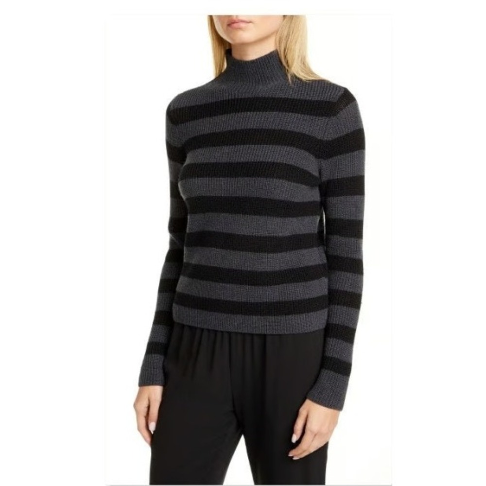 Eileen Fisher Gray Black Stripe Merino Wool Sweater Mock‎ Neck Ribbed Size XS